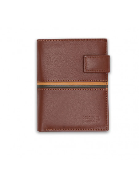 Leather billfold with clasp and coin pocket, striped in Havana color, front view on white background - MONPIEL