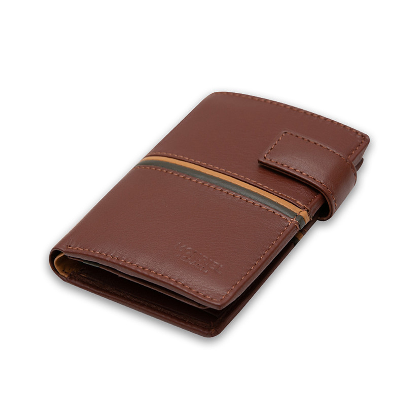 Leather wallet with clasp and coin purse inside, striped in Havana color, shown in perspective on a white background - MONPIEL