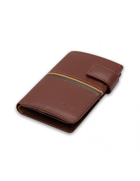 Leather billfold with clasp and coin pocket, striped in Havana color, perspective view on white background - MONPIEL