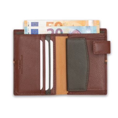 Billetero con broche y monedero dentro rayas de piel color marrón con vista frontal sobre fondo blanco - MONPIEL 2