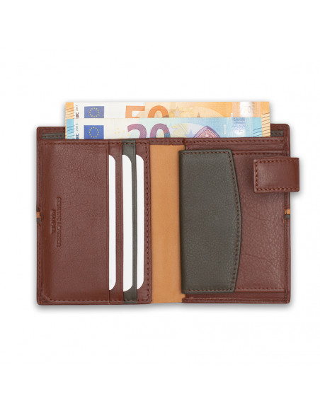 Portafoglio in pelle con fermaglio e portamonete interno a righe, color Havana, aperto con dettagli di fessure per car - MONPIEL