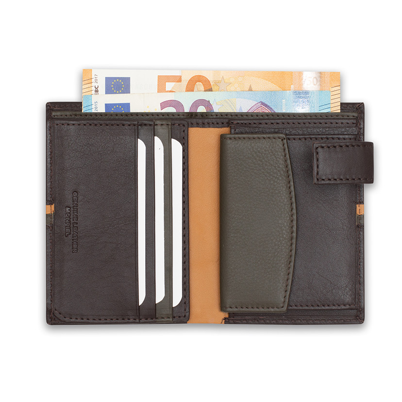 Leather wallet with clasp and coin purse inside, striped in brown color, open with card slot and coin purse details, o - MONPIEL