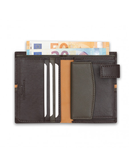 Leather wallet with clasp and coin purse inside, striped in brown color, open with card slot and coin purse details, o - MONPIEL