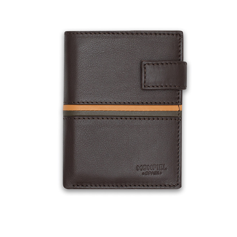 Leather wallet with clasp and coin purse inside, striped in brown color, shown from the front on a white background - MONPIEL