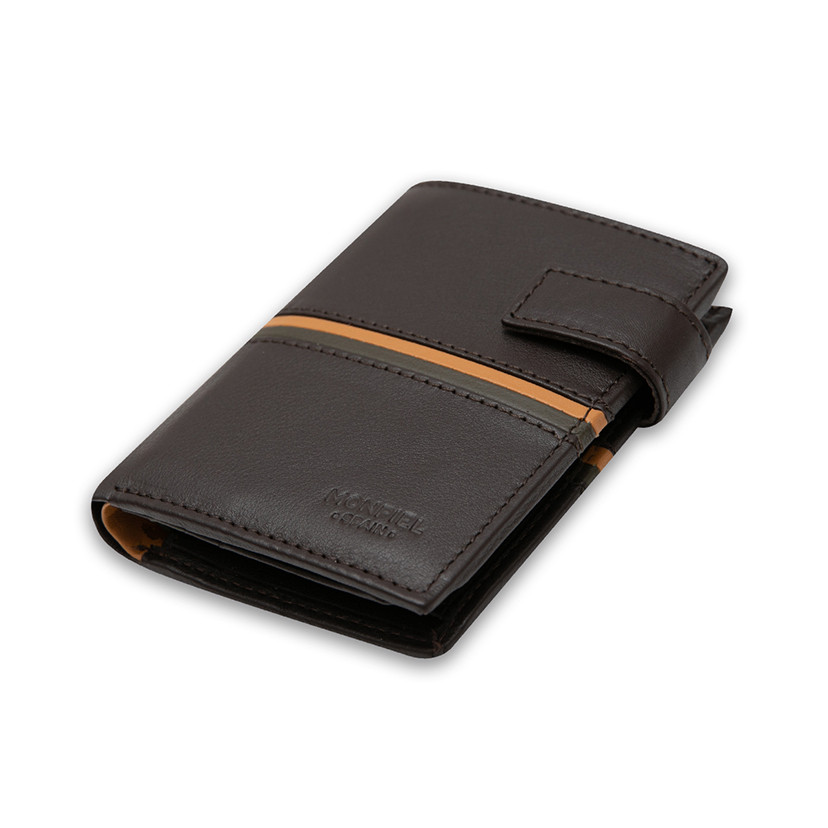 Leather wallet with clasp and coin purse inside, striped in brown color, shown in perspective on a white background - MONPIEL