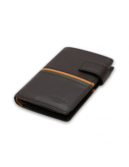 Leather wallet with clasp and coin purse inside, striped in brown color, shown in perspective on a white background - MONPIEL