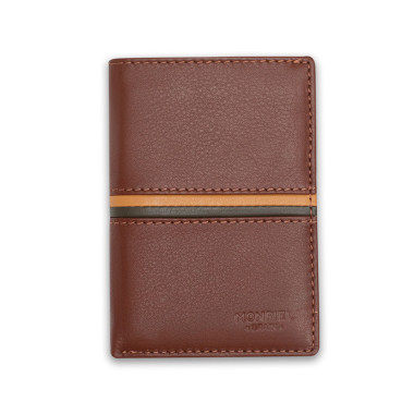 Leather wallet with coin purse inside, striped in Havana color, shown from the front on a white background - MONPIEL 2