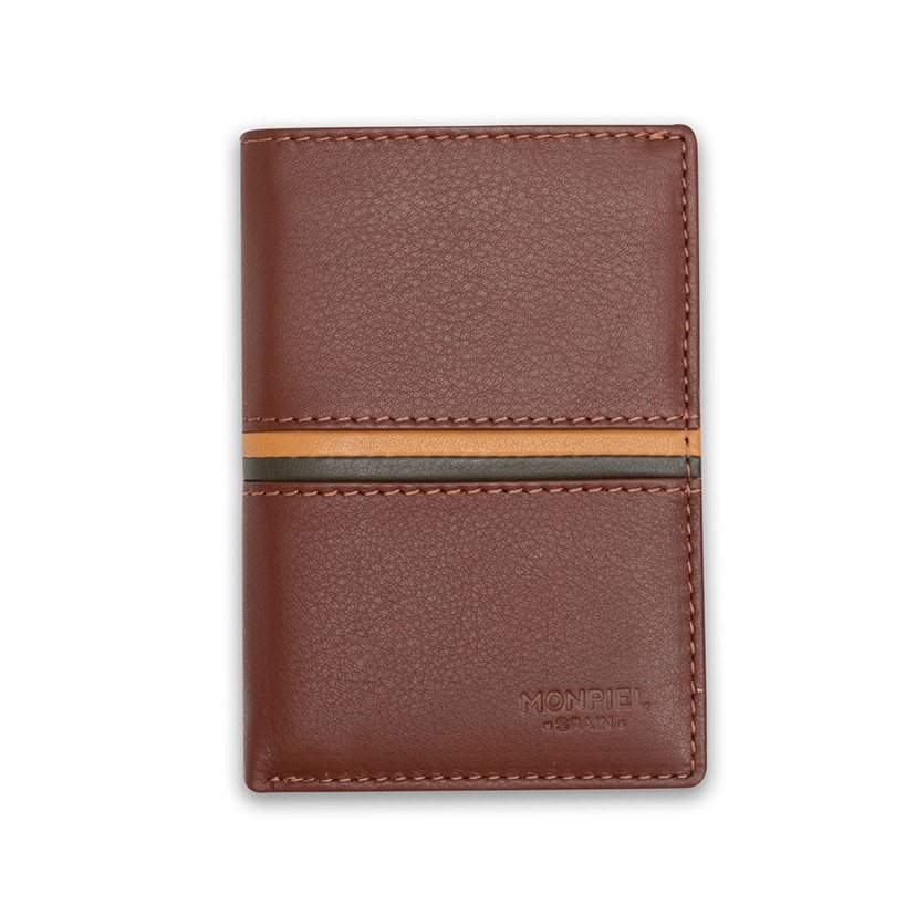 Leather wallet with coin purse inside, striped in Havana color, shown from the front on a white background - MONPIEL