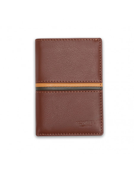 Leather wallet with coin purse inside, striped in Havana color, shown from the front on a white background - MONPIEL Leather wallet with coin purse inside, striped in Havana color, shown from the front on a white background - MONPIEL