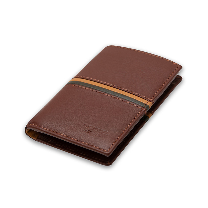 Leather wallet with coin purse inside, striped in Havana color, shown in perspective on a white background - MONPIEL