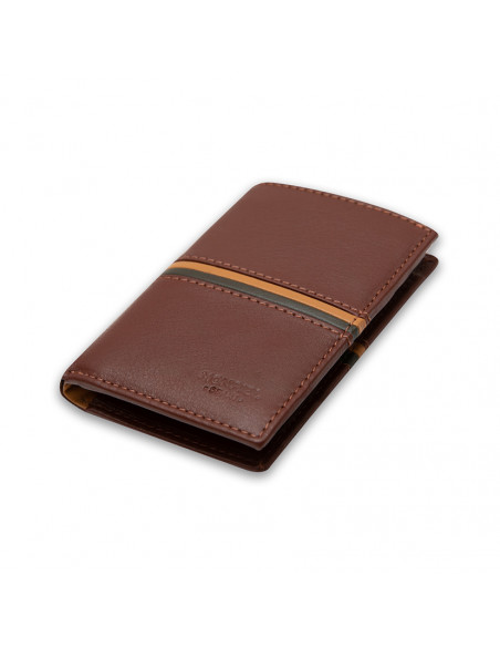 Leather billfold with coin pocket, striped in Havana color, perspective view on white background - MONPIEL
