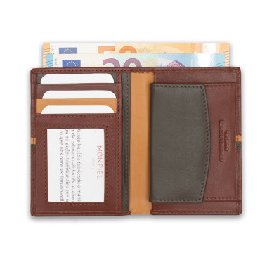 Leather wallet with coin purse inside, striped in Havana color, shown from the front on a white background - MONPIEL 2