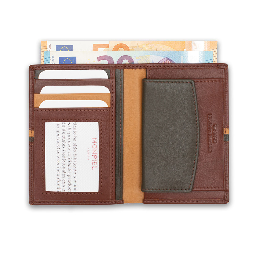 Leather wallet with coin purse inside, striped in Havana color, open with coin purse and card slot details on a white - MONPIEL