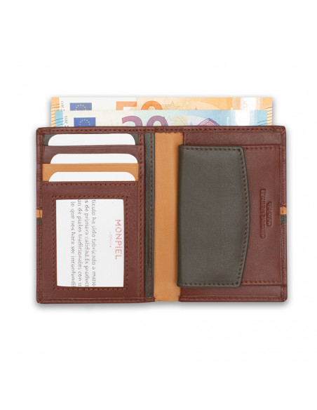 Leather billfold with coin pocket, striped in Havana color, open with coin pocket and card slot details on white backg - MONPIEL
