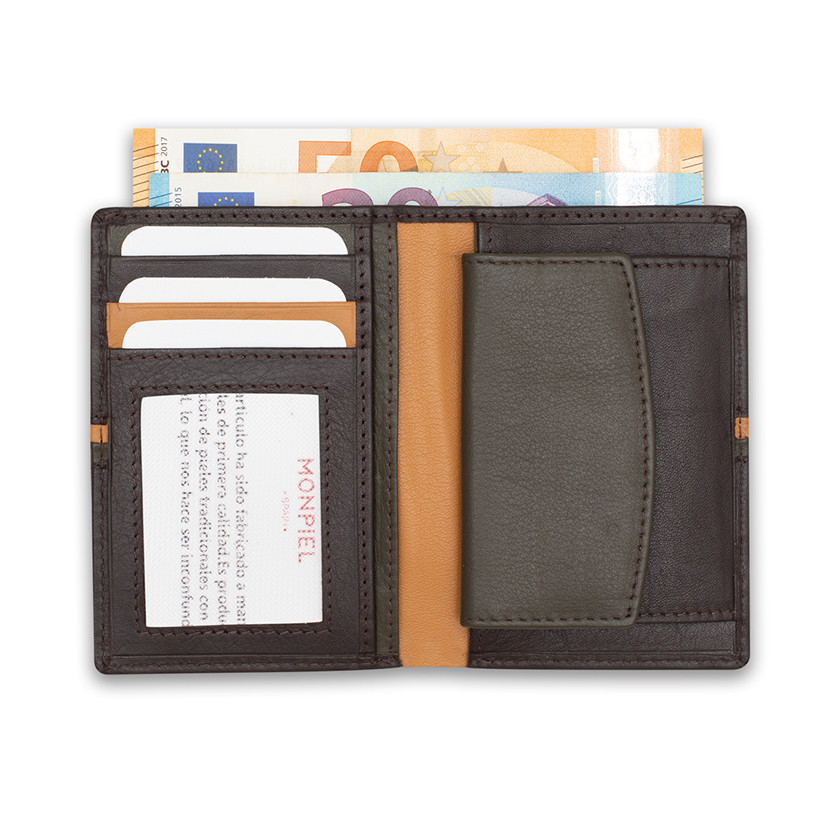 Leather wallet with coin purse inside, striped in brown color, open with coin purse and card slot details on a white b - MONPIEL