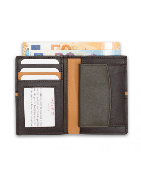 Leather wallet with coin purse inside, striped in brown color, open with coin purse and card slot details on a white b - MONPIEL