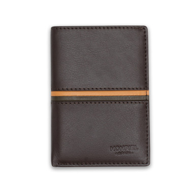 Leather billfold with coin pocket, striped in brown, front view on white background - MONPIEL