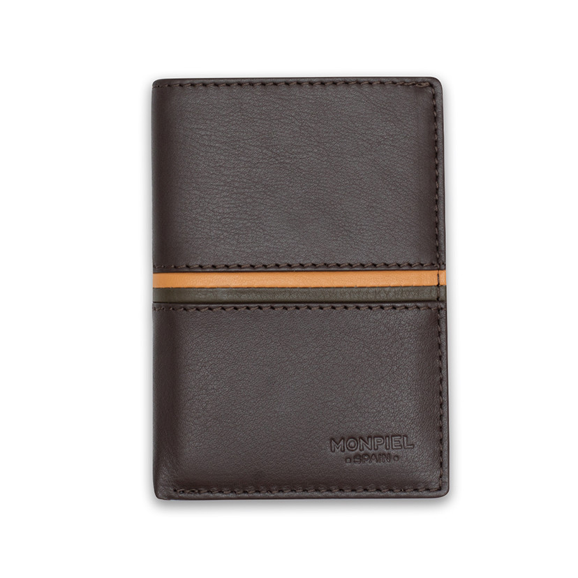Leather wallet with coin purse inside, striped in brown color, shown from the front on a white background - MONPIEL