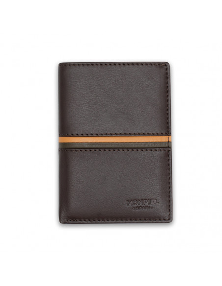 Leather billfold with coin pocket, striped in brown, front view on white background - MONPIEL