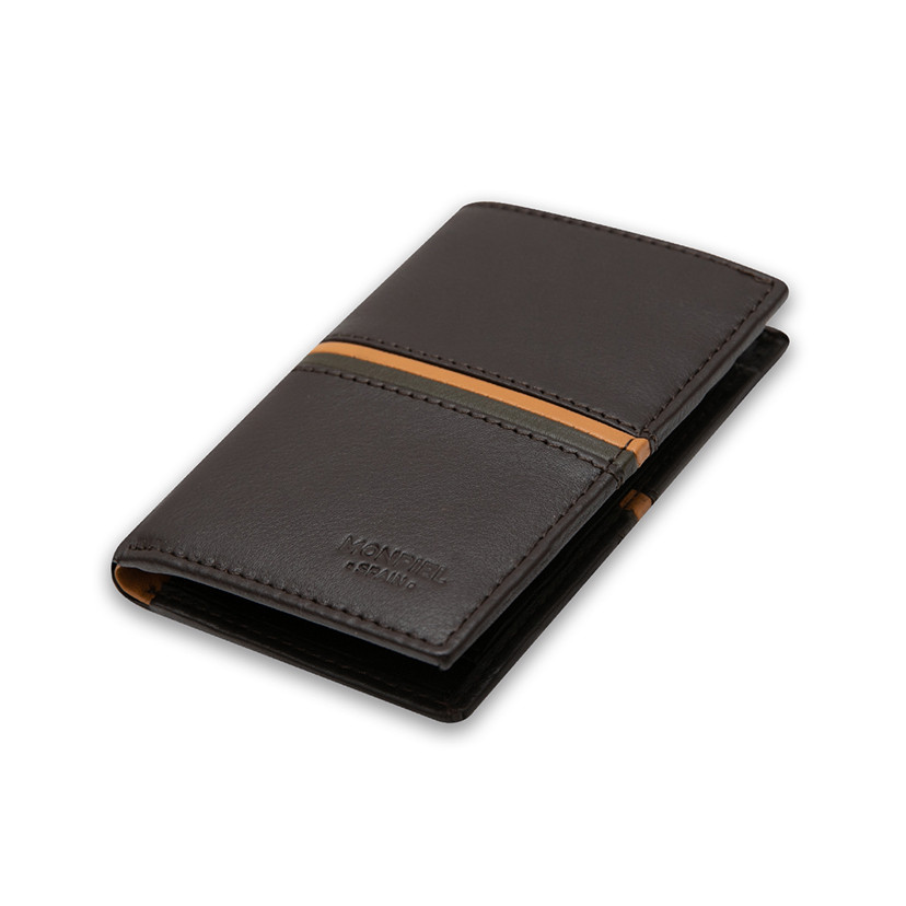 Leather wallet with coin purse inside, striped in brown color, shown in perspective on a white background - MONPIEL