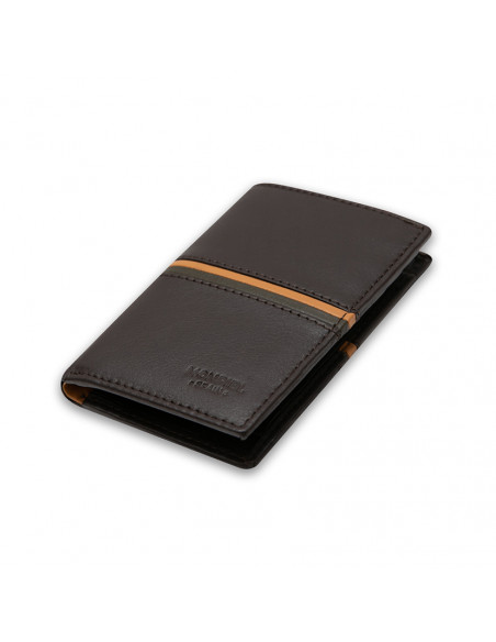 Leather wallet with coin purse inside, striped in brown color, shown in perspective on a white background - MONPIEL