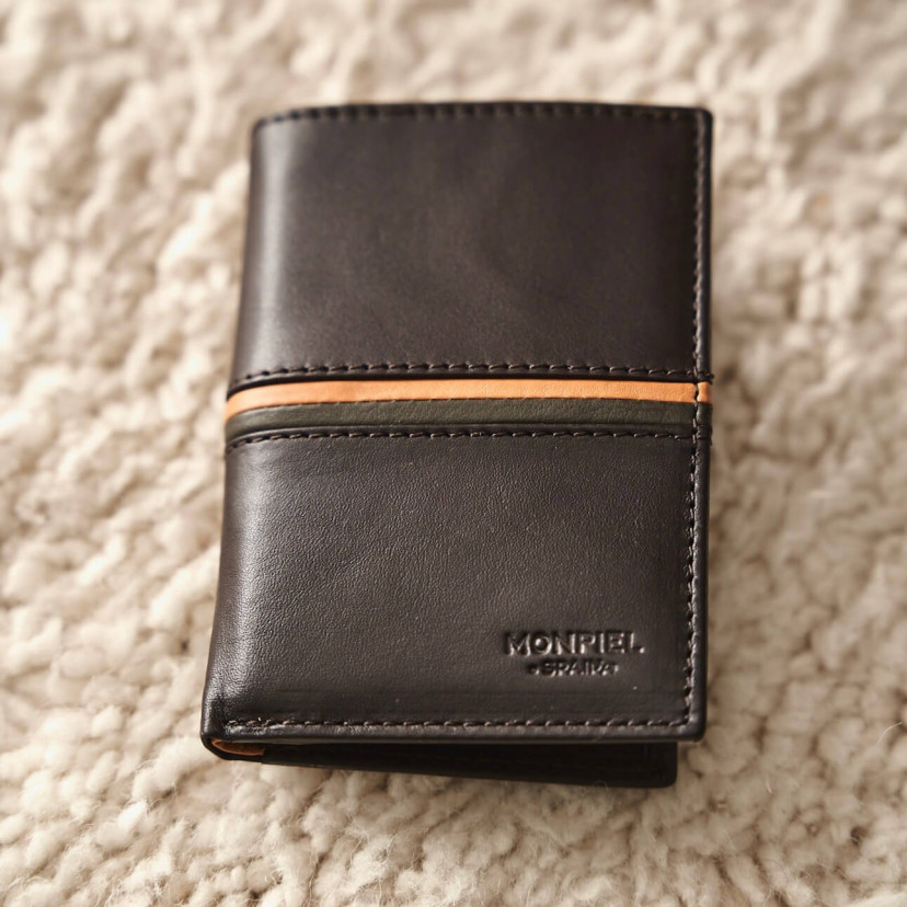 Leather wallet with coin purse inside, striped in brown color, shown from the front on a carpet - MONPIEL