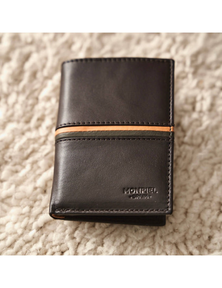 Leather billfold with coin pocket, striped in brown, front view on a rug - MONPIEL