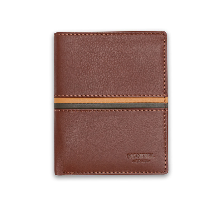Simple leather billfold with striped Havana color, shown from the front on a white background - MONPIEL