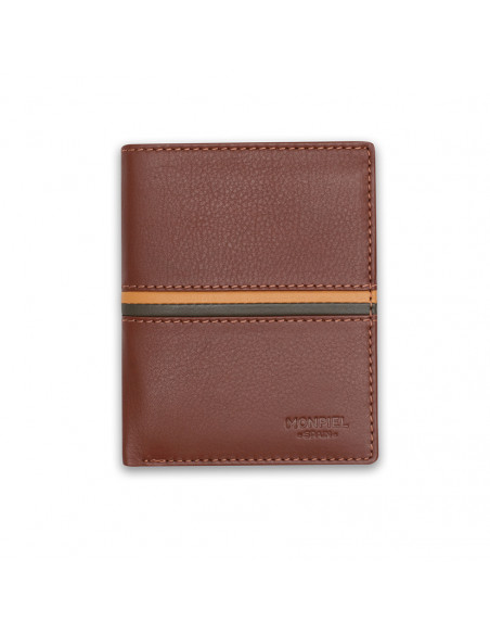 Simple striped leather billfold in Havana color, front view on white background - MONPIEL