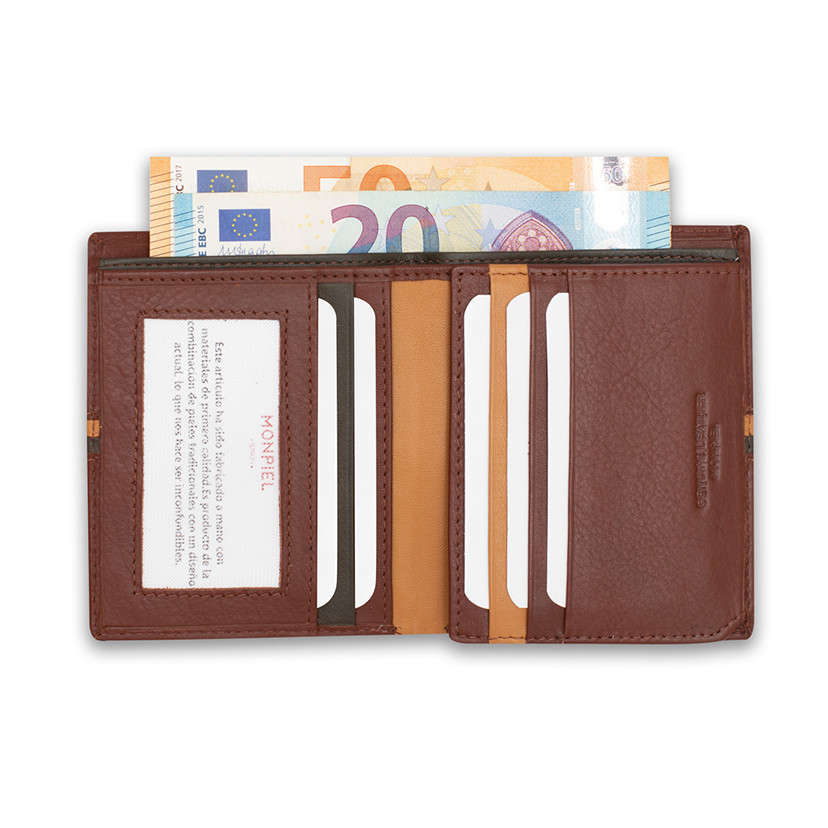 Simple leather billfold with striped Havana color, open with card slot and bill section details on a white background - MONPIEL