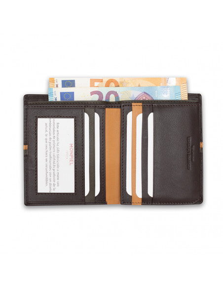 Simple striped leather billfold in brown, open with card and bill slot details on white background - MONPIEL