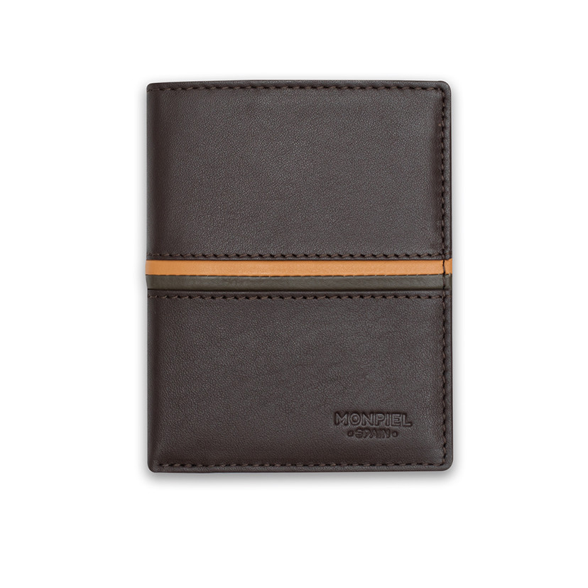 Simple leather billfold with striped brown color, shown from the front on a white background - MONPIEL
