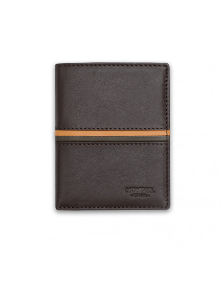 Simple striped leather billfold in brown, front view on white background - MONPIEL