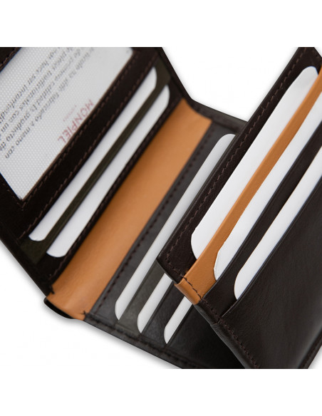 Simple leather billfold with striped brown color, close-up with card slot details on a white background - MONPIEL
