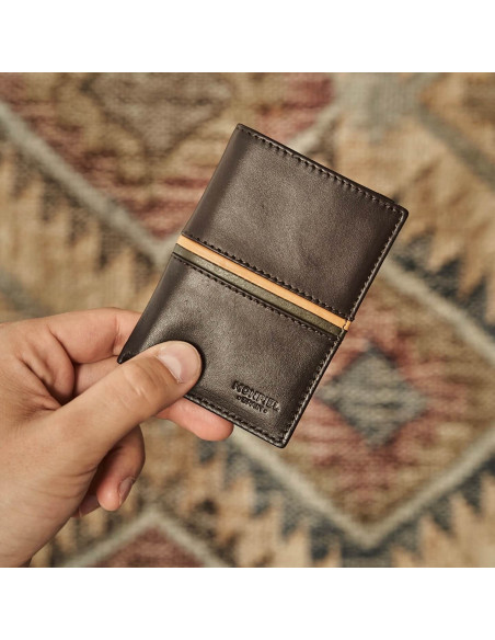 Simple striped leather billfold in brown, front view with a blurred background - MONPIEL