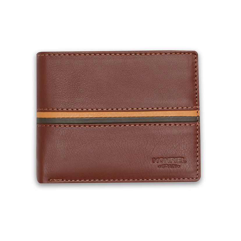 Large American leather wallet with striped Havana color, shown from the front on a white background - MONPIEL