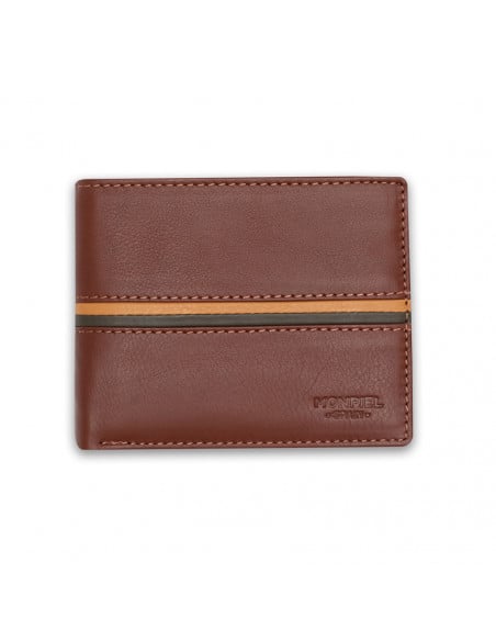 Portafoglio americano grande con righe colorate in pelle color Havana, vista frontale su sfondo bianco - MONPIEL