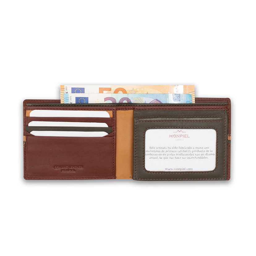 Large American leather wallet with striped Havana color, open on a white background - MONPIEL