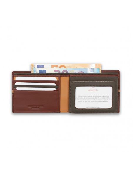 Grand portefeuille américain en cuir avec rayures colorées couleur havane, ouvert sur fond blanc - MONPIEL