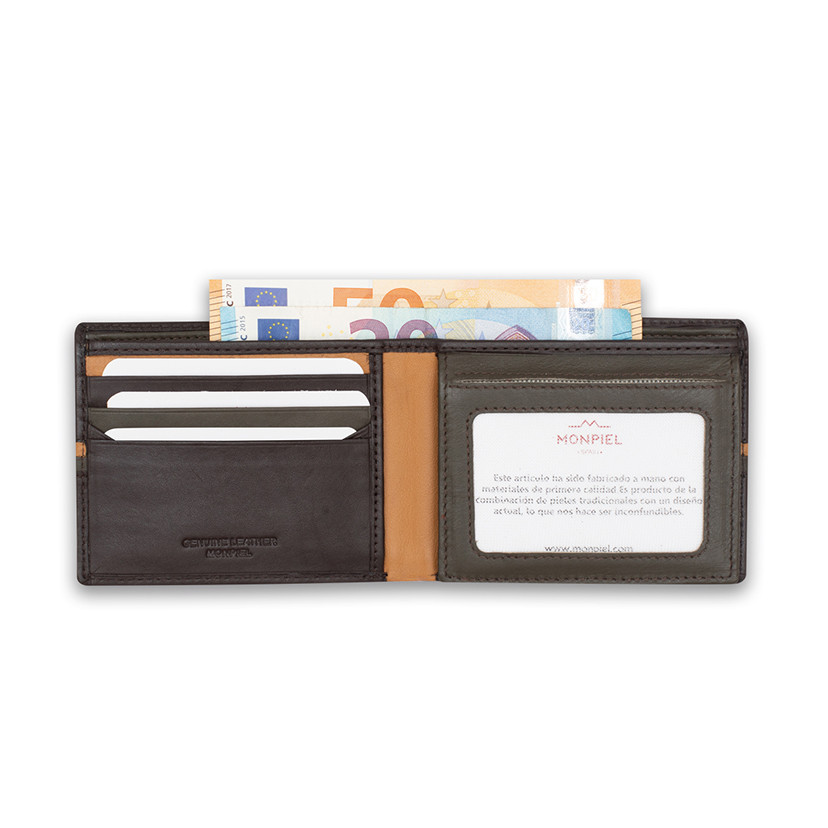 Large American leather wallet with striped brown color, open on a white background - MONPIEL
