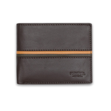 Large American leather wallet with striped brown color, shown from the front on a white background - MONPIEL