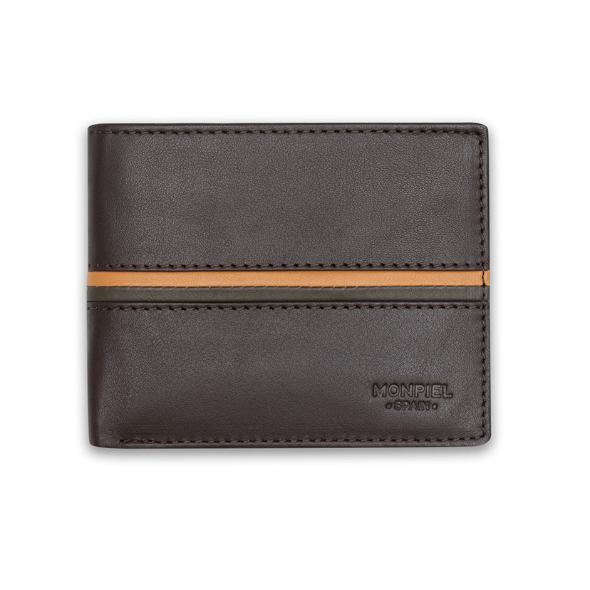 Large American leather wallet with striped brown color, shown from the front on a white background - MONPIEL