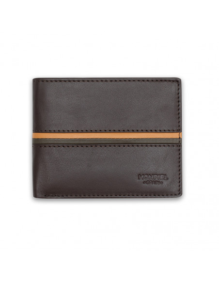 Large American leather wallet with colored stripes in brown, front view on white background - MONPIEL