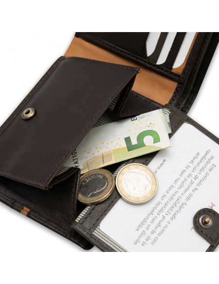 Grand portefeuille américain en cuir avec rayures colorées couleur marron, gros plan sur le porte-monnaie intérieur - MONPIEL