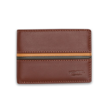 Portafoglio americano piccolo con portamonete in pelle color Havana, vista frontale su sfondo bianco - MONPIEL