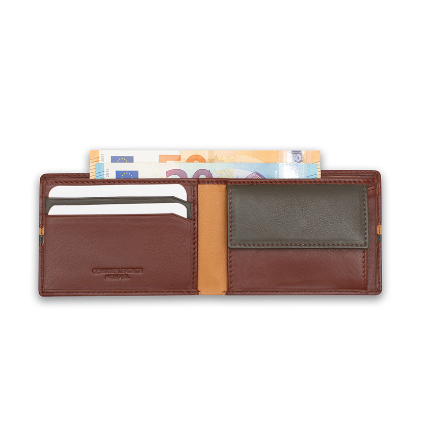 Small American leather wallet with coin purse in Havana color, open on a white background - MONPIEL