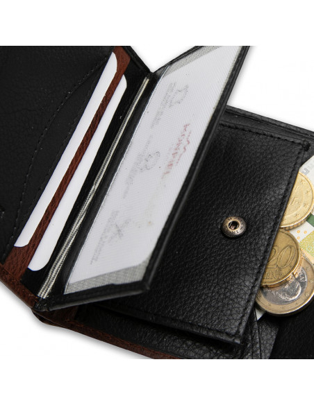 Small leather wallet with coin pocket and central clasp in Havana color with a close-up detail of the interior - MONPIEL