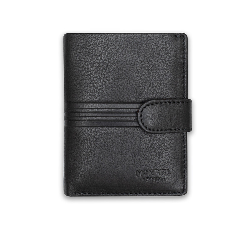 Small leather purse with coin pocket and central clasp in black with a front view on a white background - MONPIEL