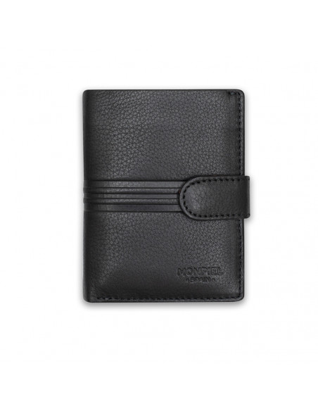 Petit portefeuille en cuir avec porte-monnaie et fermoir central noir, vue de face sur fond blanc - MONPIEL Petit portefeuille en cuir avec porte-monnaie et fermoir central noir, vue de face sur fond blanc - MONPIEL