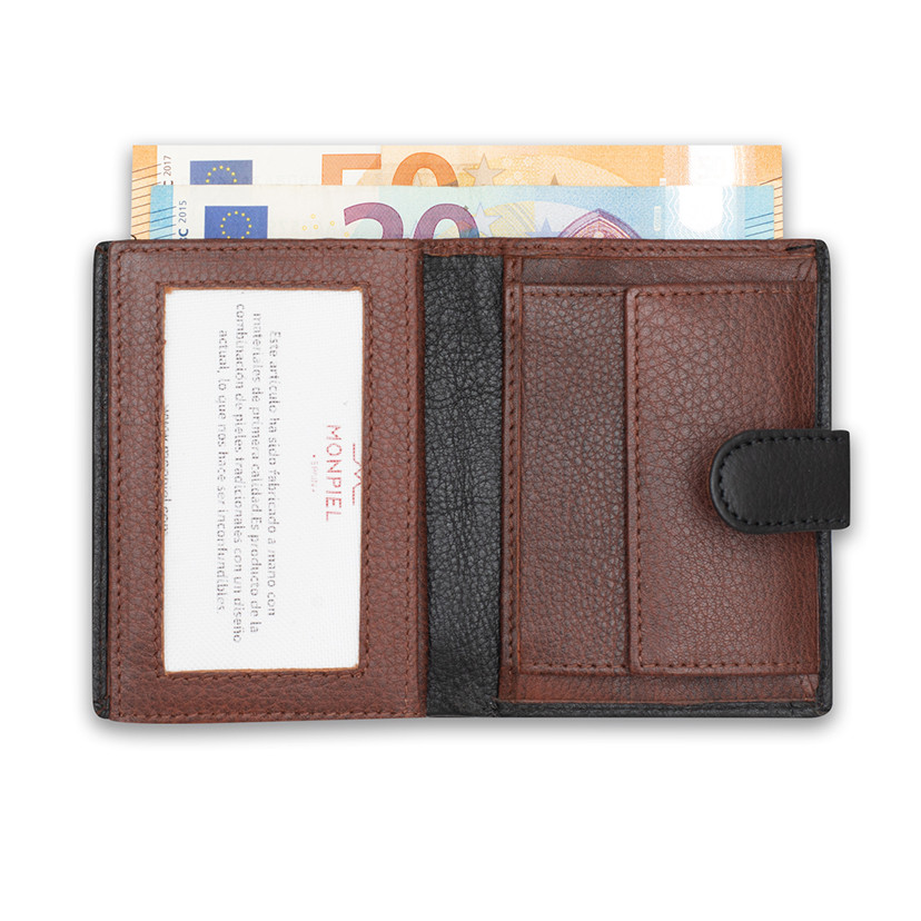Small leather purse with coin pocket and central clasp in black, open, on a white background - MONPIEL